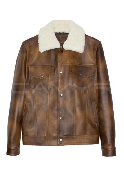 1. Trucker Jacket de Cuero Ovejo Envejecido para Hombre CAMYR - Cuello Removible H123