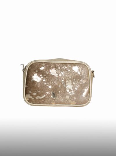 Bolso Manos Libres de Cuero tipo Canguro con Tapa de Piel Natural - Dorado y Café