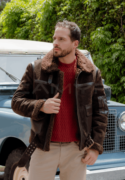 Chaqueta Aviadora en Gamuza de Cuero Hombre Café Chocolate H424