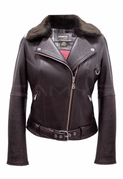Chaqueta Biker en Cuero Ovejo Burdeo con Cuello desmontable