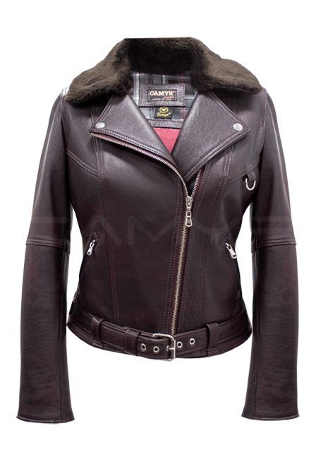 Chaqueta Biker en Cuero Ovejo Burdeo con Cuello desmontable