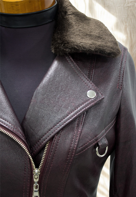 Chaqueta Biker en Cuero Ovejo Burdeo con Cuello desmontable - Imagen 2